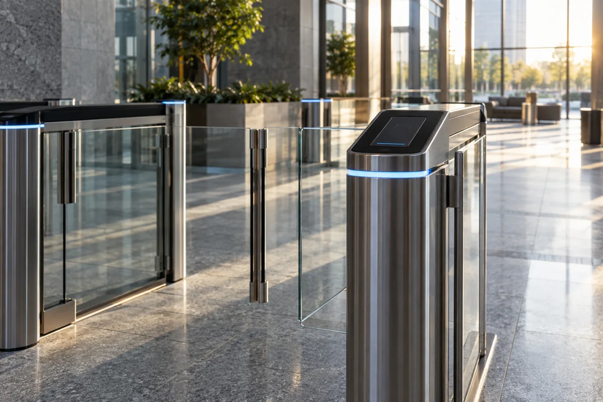 Architectural detail of a secured terminal pedestrian turnstile and badge reader in morning light, no people