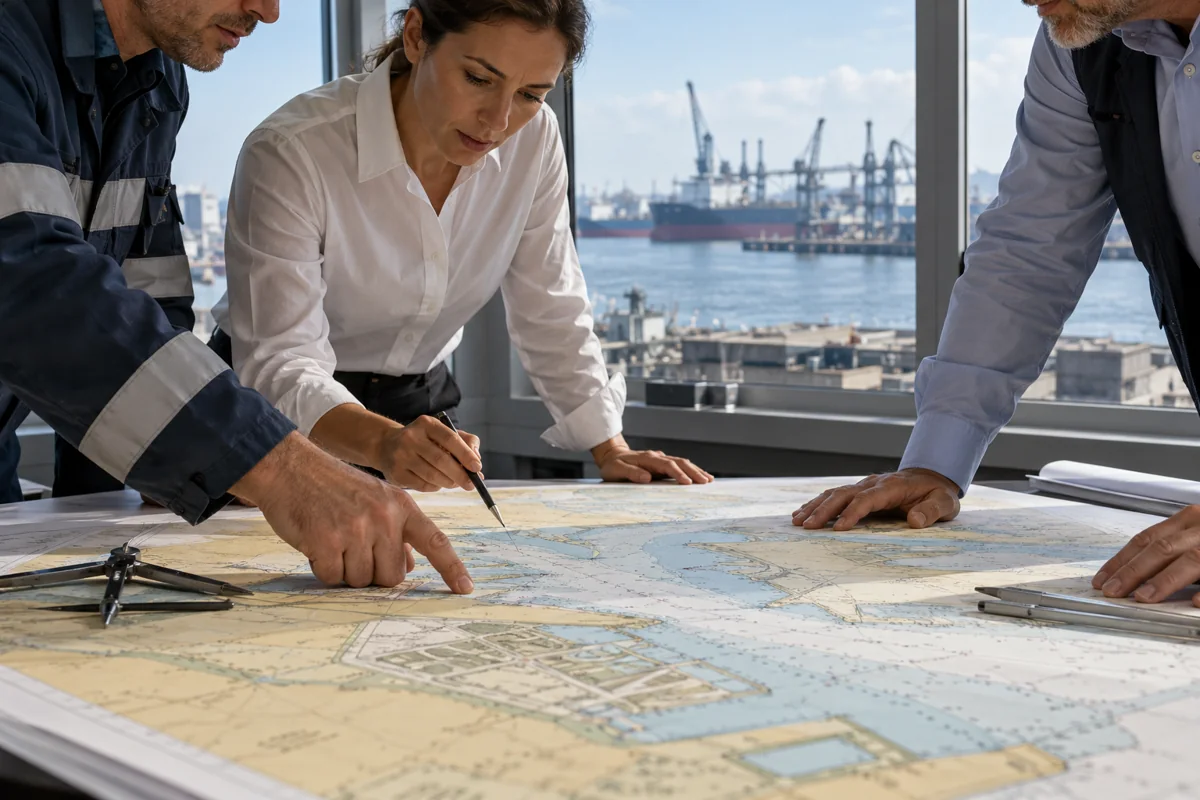 Three professionals examining a large unlabelled maritime chart on a table, cropped hands and sleeves, no handshake