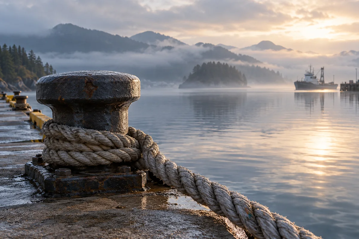 Marine bollard and coiled rope in foreground, layered island silhouettes behind a sheltered harbor in soft fog
