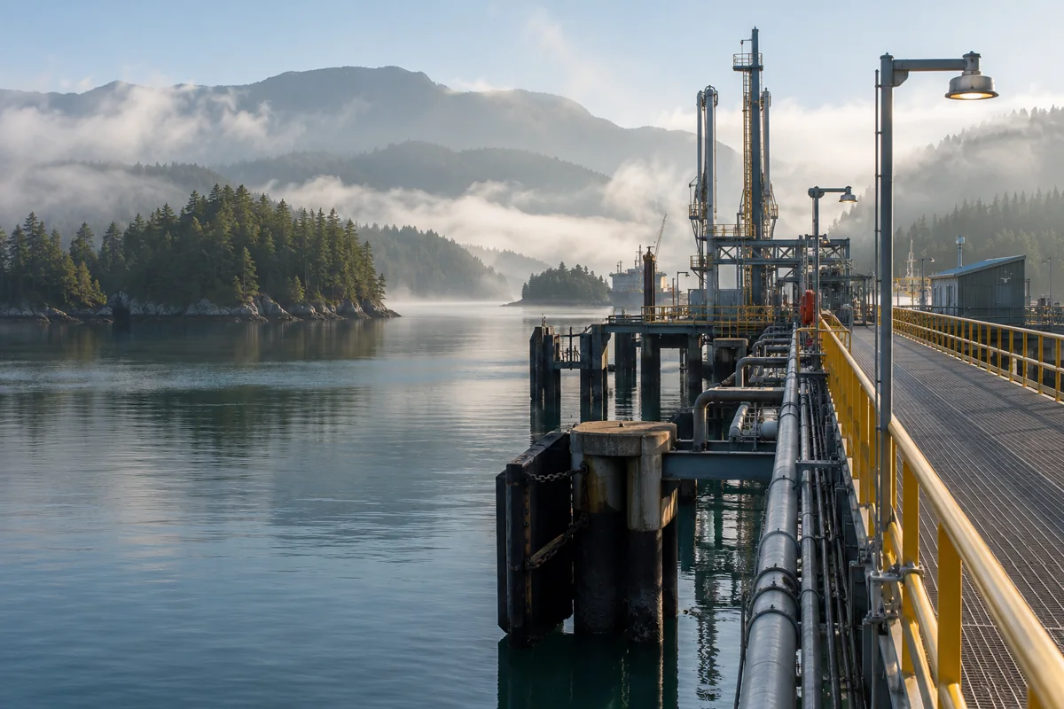 Industrial berth access walkway alongside sheltered coastal water, distant forested islands in cool morning mist