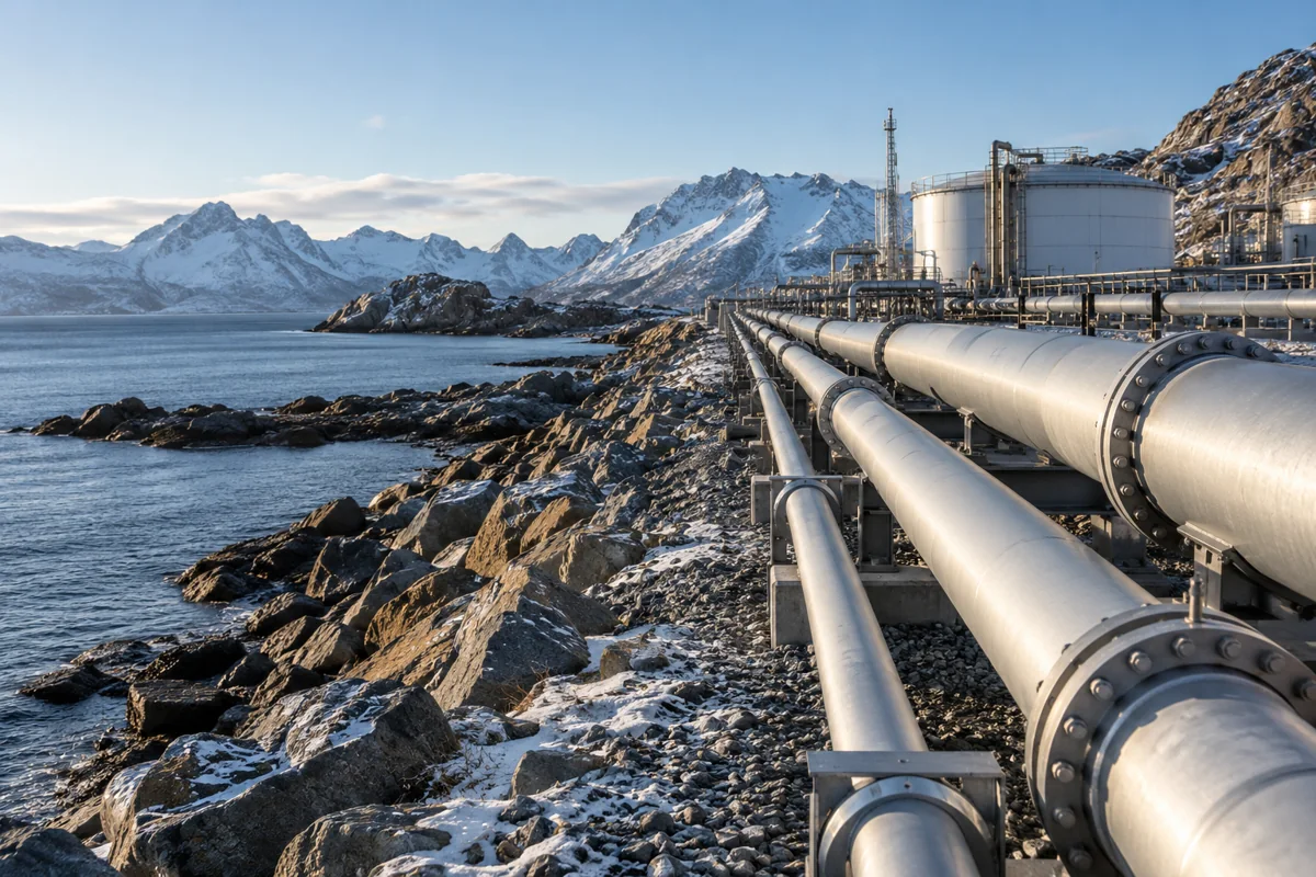 Neat parallel shore pipelines beside rocky temperate coastline in crisp winter light, ground-level perspective