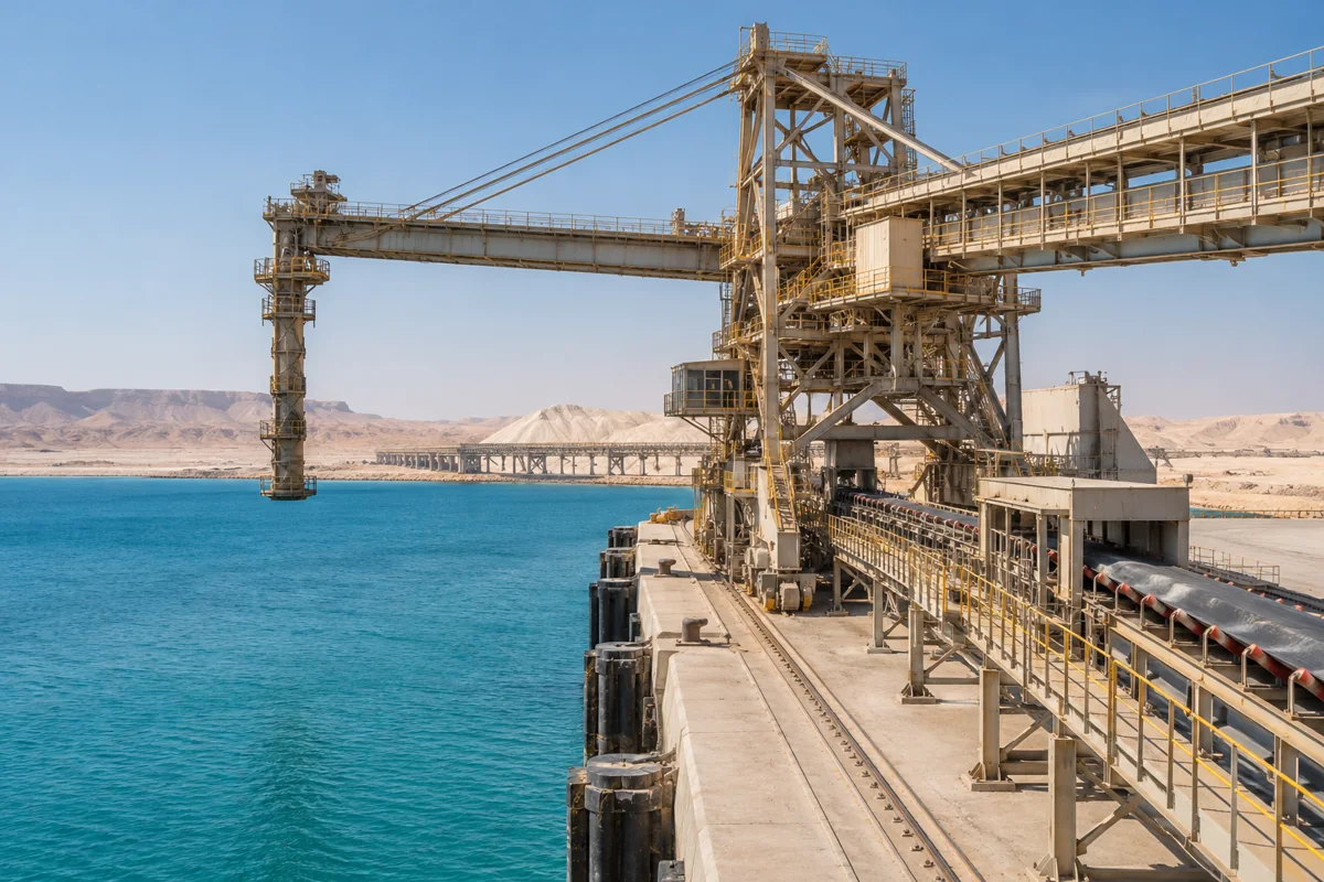 Marine loading gantry detail beside bright turquoise arid coastal water, pale beige industrial setting