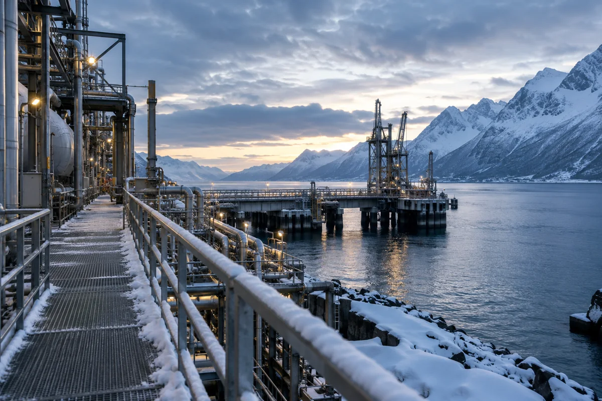 Cold coastal terminal service platform with snow-dusted railings and distant alpine fjord, muted blue light