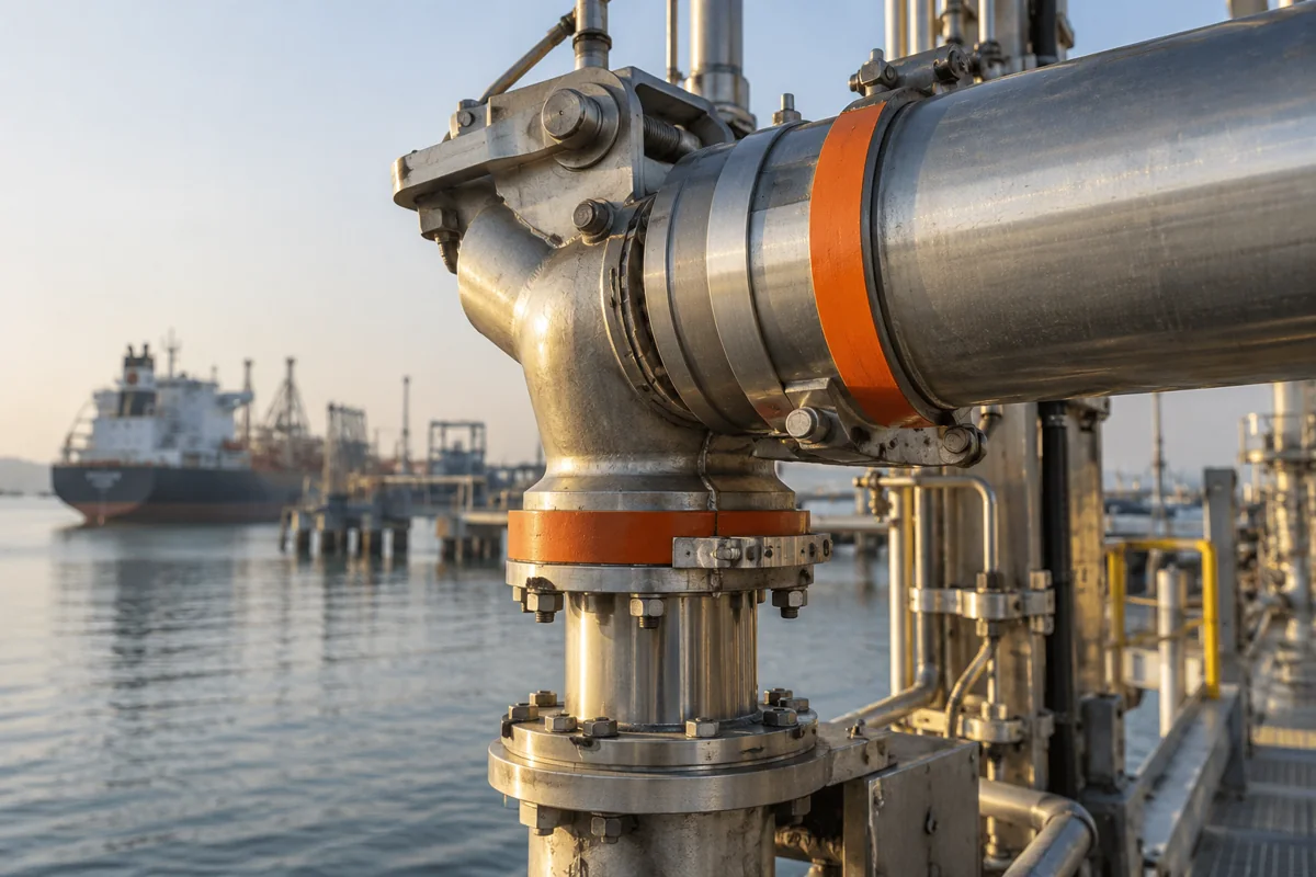 Precision close-up of stainless loading arm swivel joint with orange safety markings and soft harbor backdrop