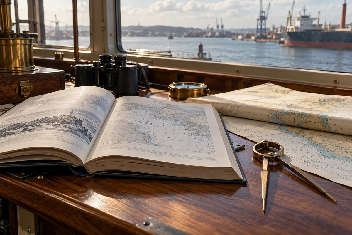 Open nautical reference book with illegible print beside brass divider and folded harbor chart, daylight editorial still life