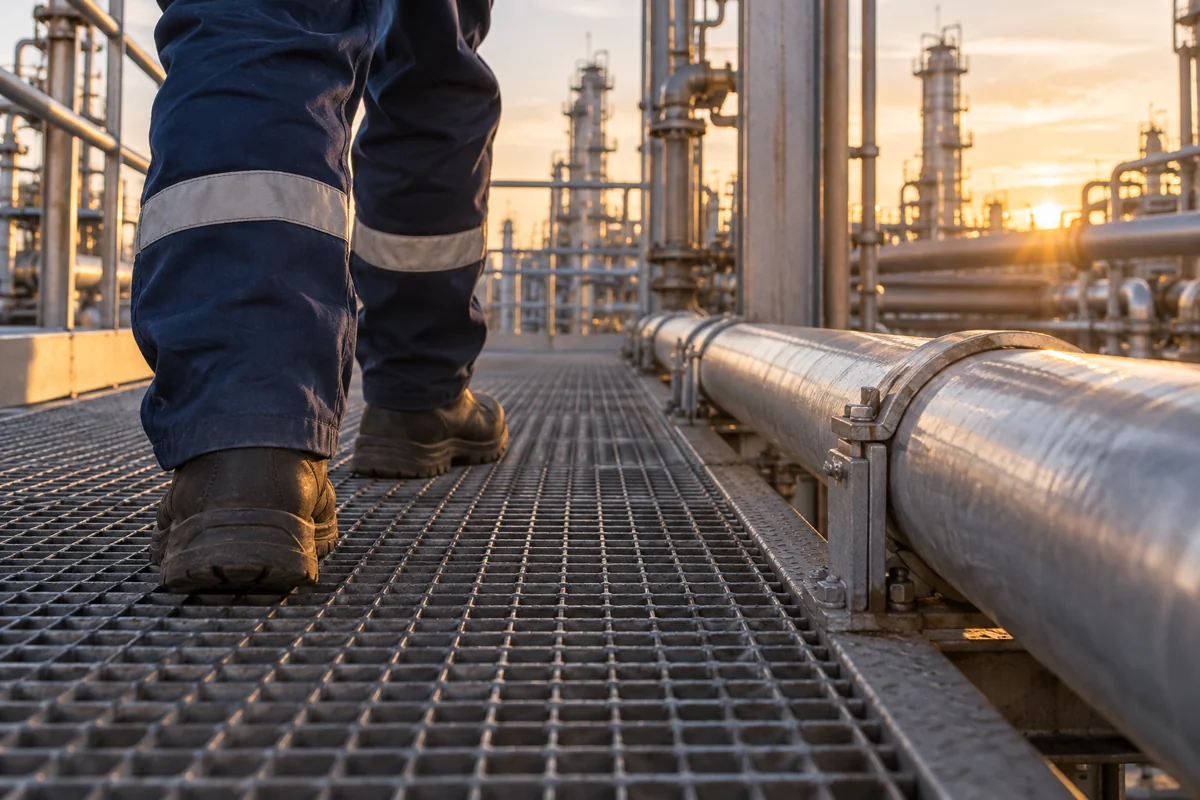 Safety boots on grated industrial walkway beside a neatly routed pipe, grounded human-scale scene
