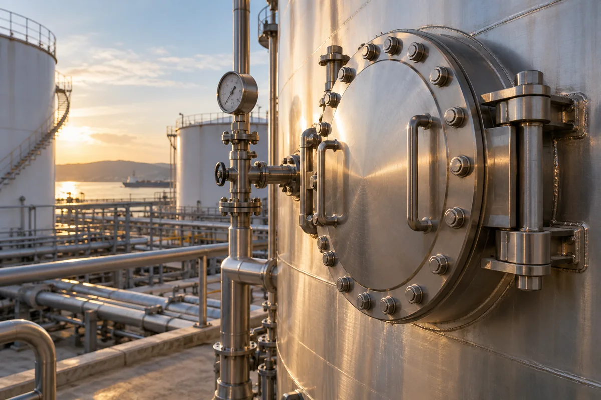 Polished cylindrical tank access hatch and gauge assembly in soft afternoon light, architectural close-up