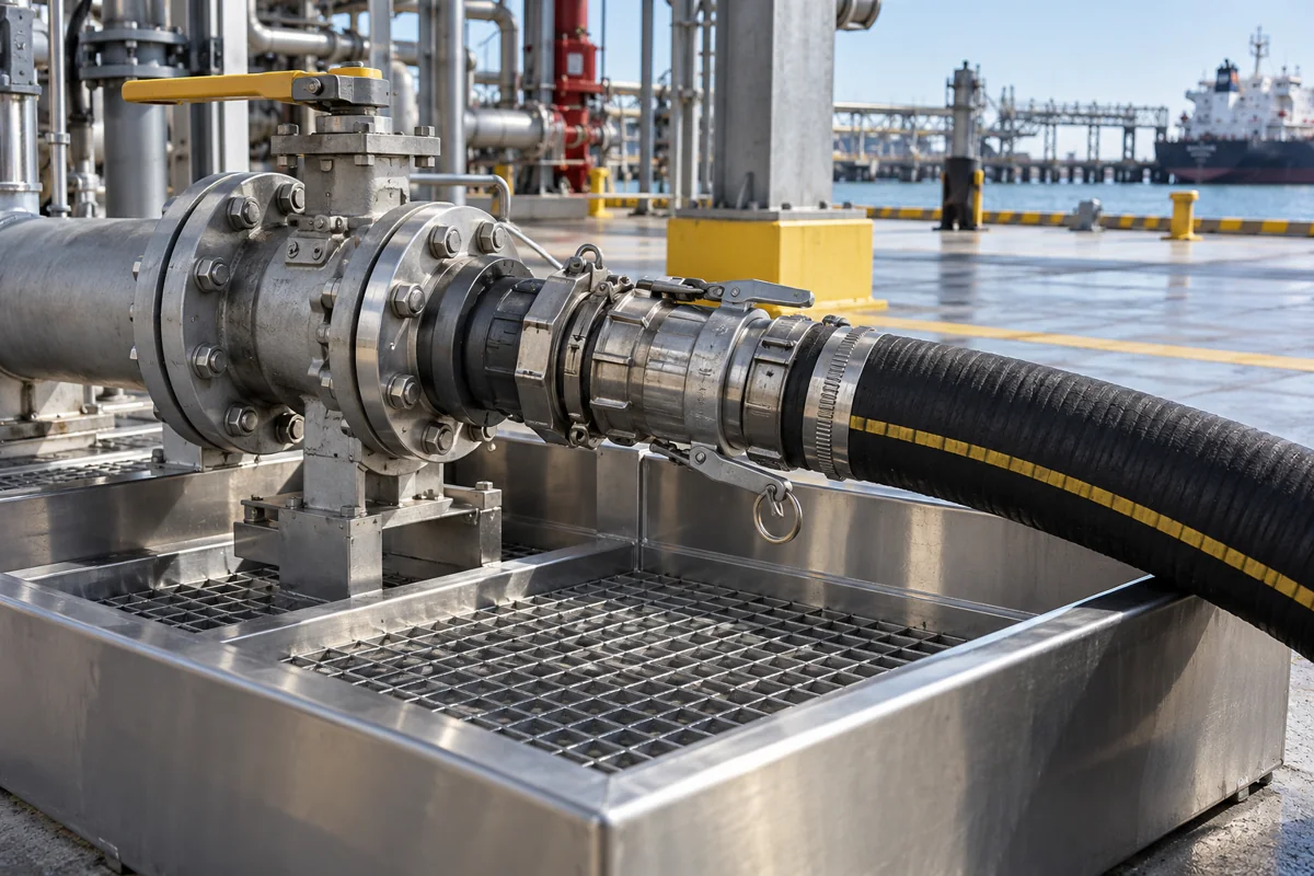 Industrial hose connection in clean drip containment tray, detailed functional composition, no spills