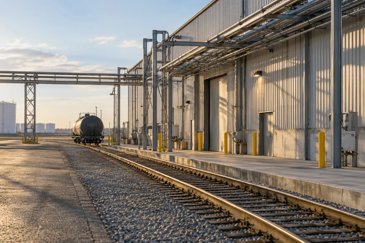 Rail siding beside a terminal warehouse with one distant unmarked tank car, calm oblique perspective