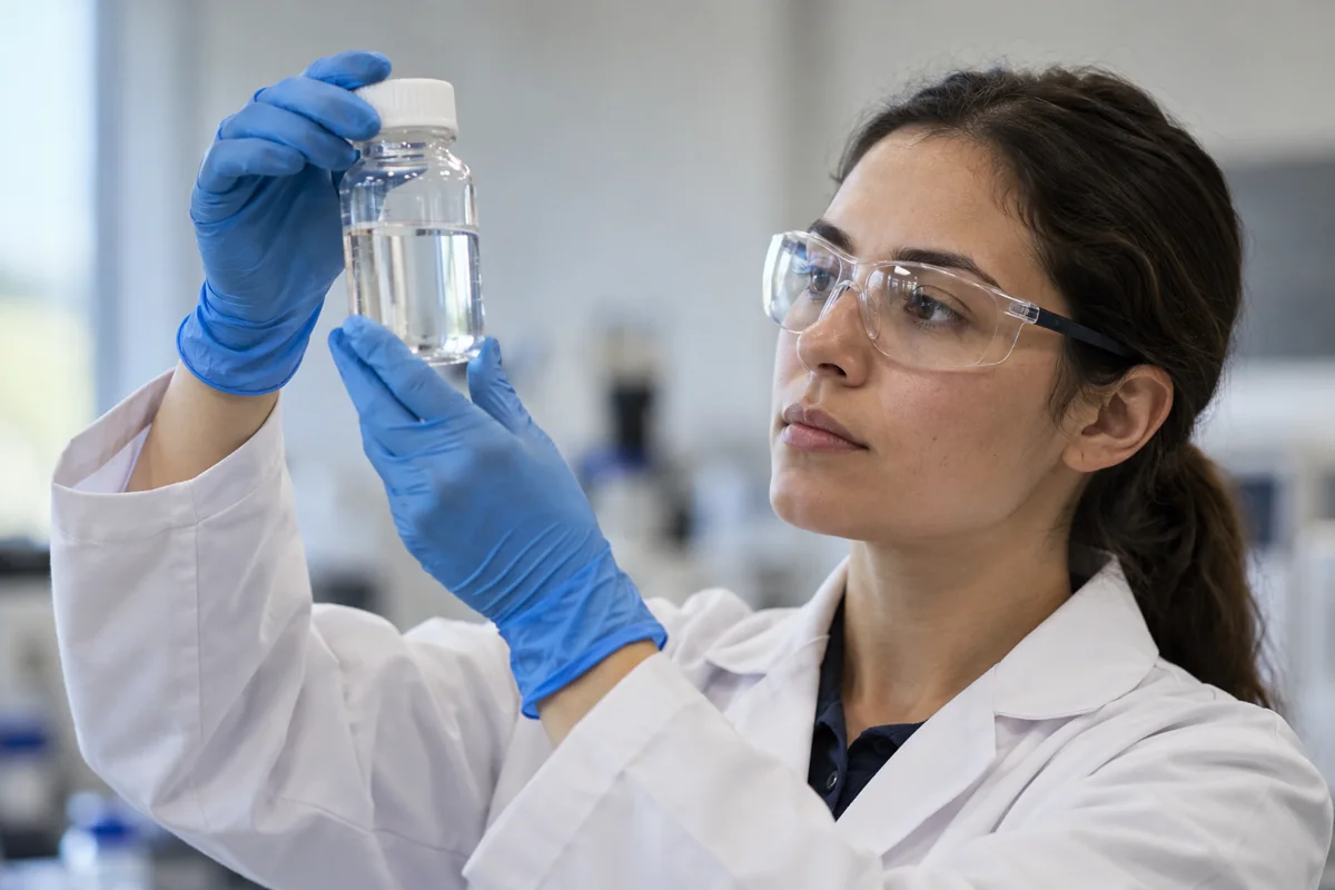 Laboratory technician holding a sealed clear sample bottle against a softly lit neutral background, protective gloves