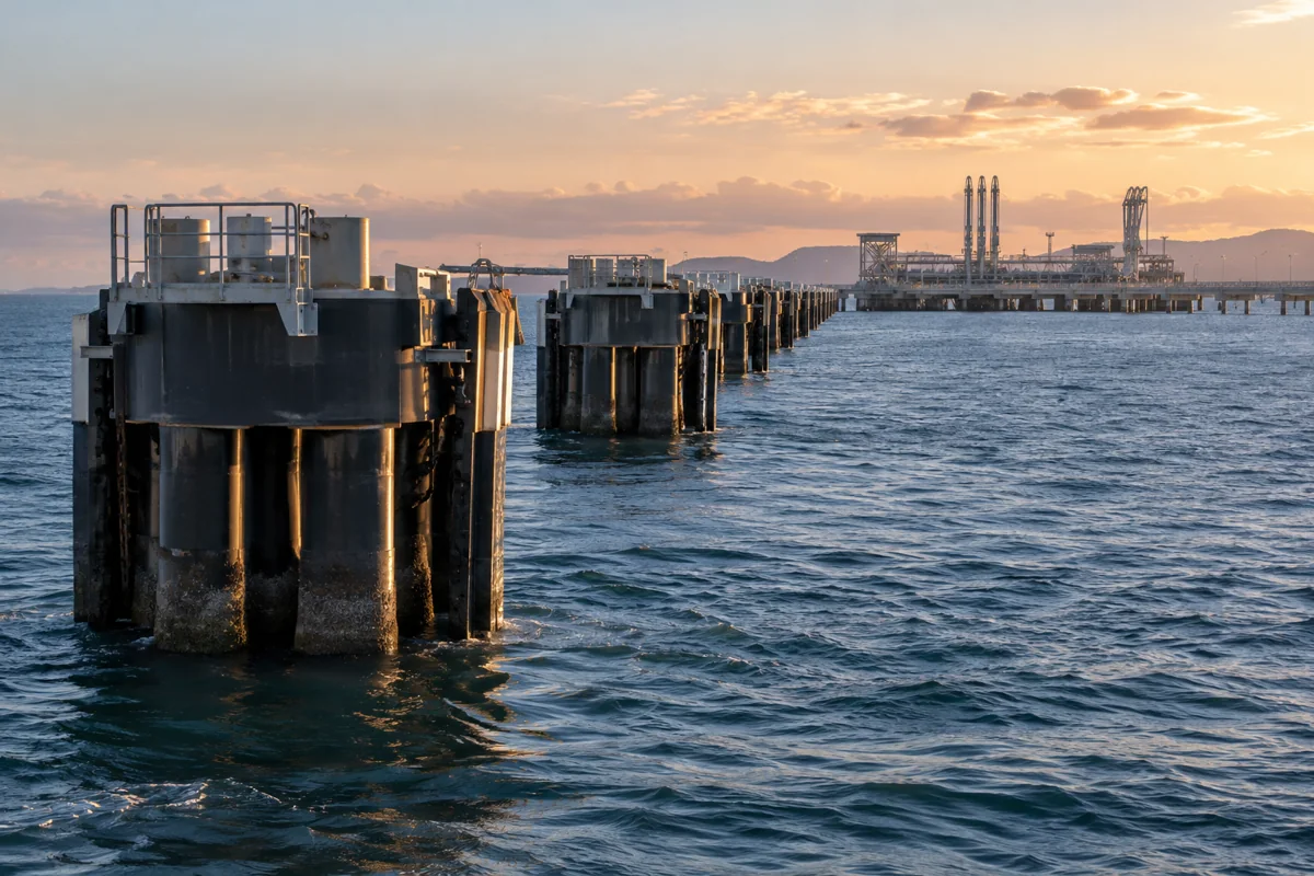 Rhythmic row of marine mooring dolphins leading toward a distant unbranded terminal, coastal architectural photography
